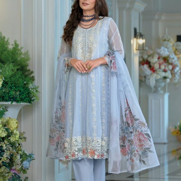 Luxury Embroidered Blue Pakistani Pant Style Suit with Floral Digital Dupatta - Picture 2 of 4
